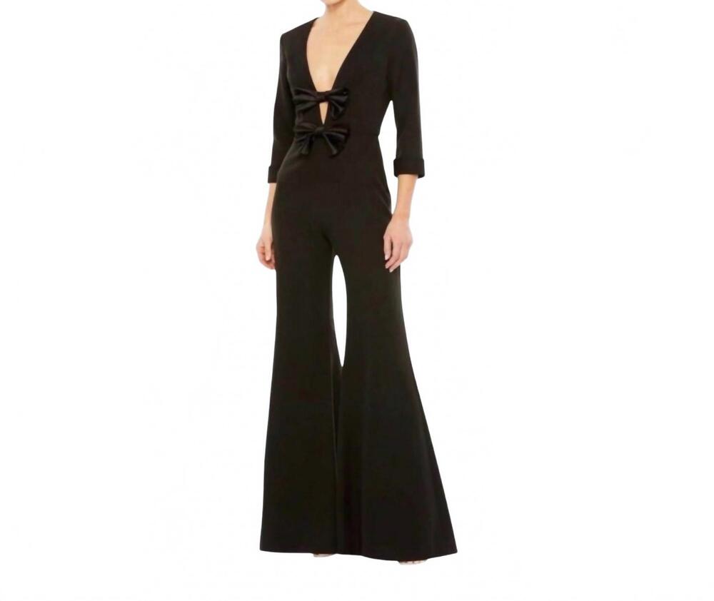 NEW MAC DUGGAL long sleeve bow detail wide leg-jumpsuit in black